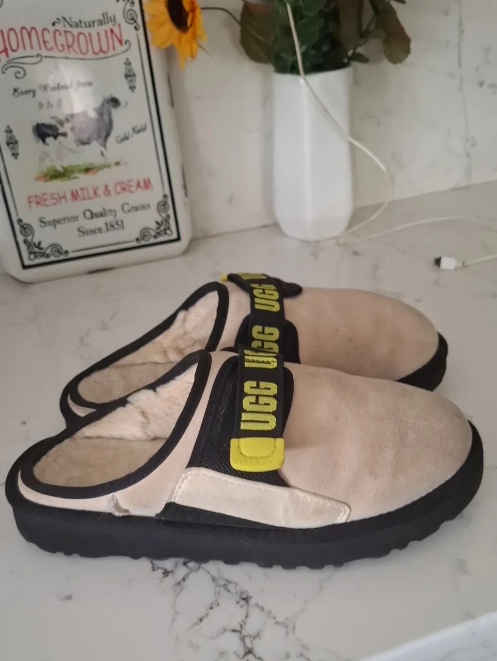 UGG Mens Beige Slip-On Clog with Yellow Accent